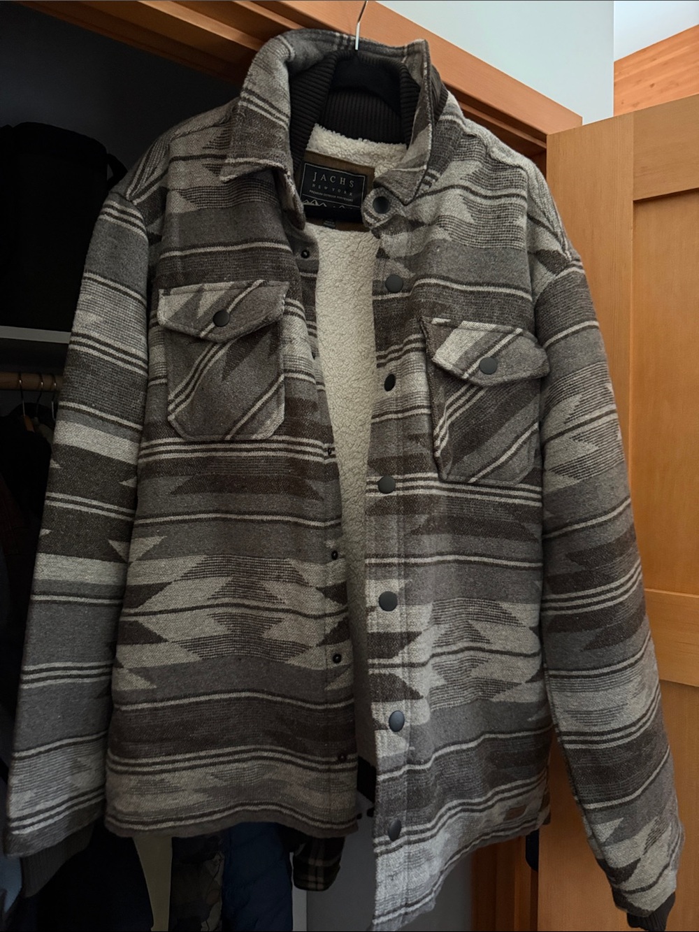 Jachs Men’s Brown & Gray Patterned Sherpa-Lined Shirt Jacket
